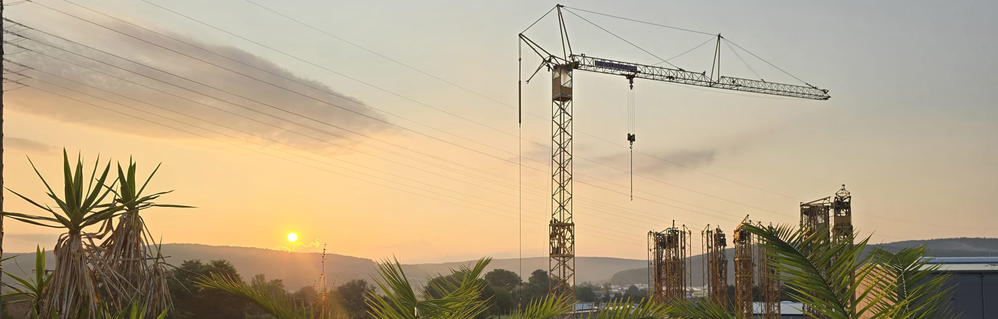 Mehrere Kräne und dahinter ein Sonnenuntergang